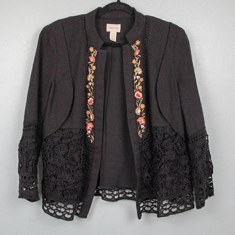 Chico's black floral embroidery open jacket-2P